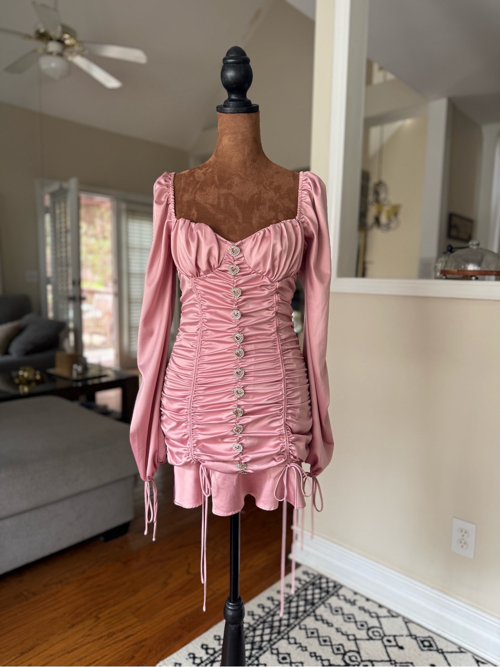 Rose Pink Satin Ruched Mini Dress with Long Sleeves